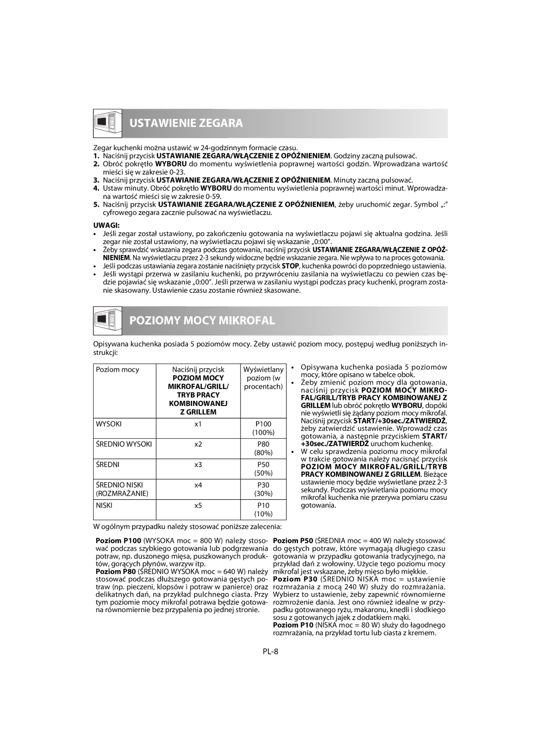 Sharp R-60ST manual PL-8, Kombinowanej, Poziom Mocy MIKROFAL/GRILL/TRYB 