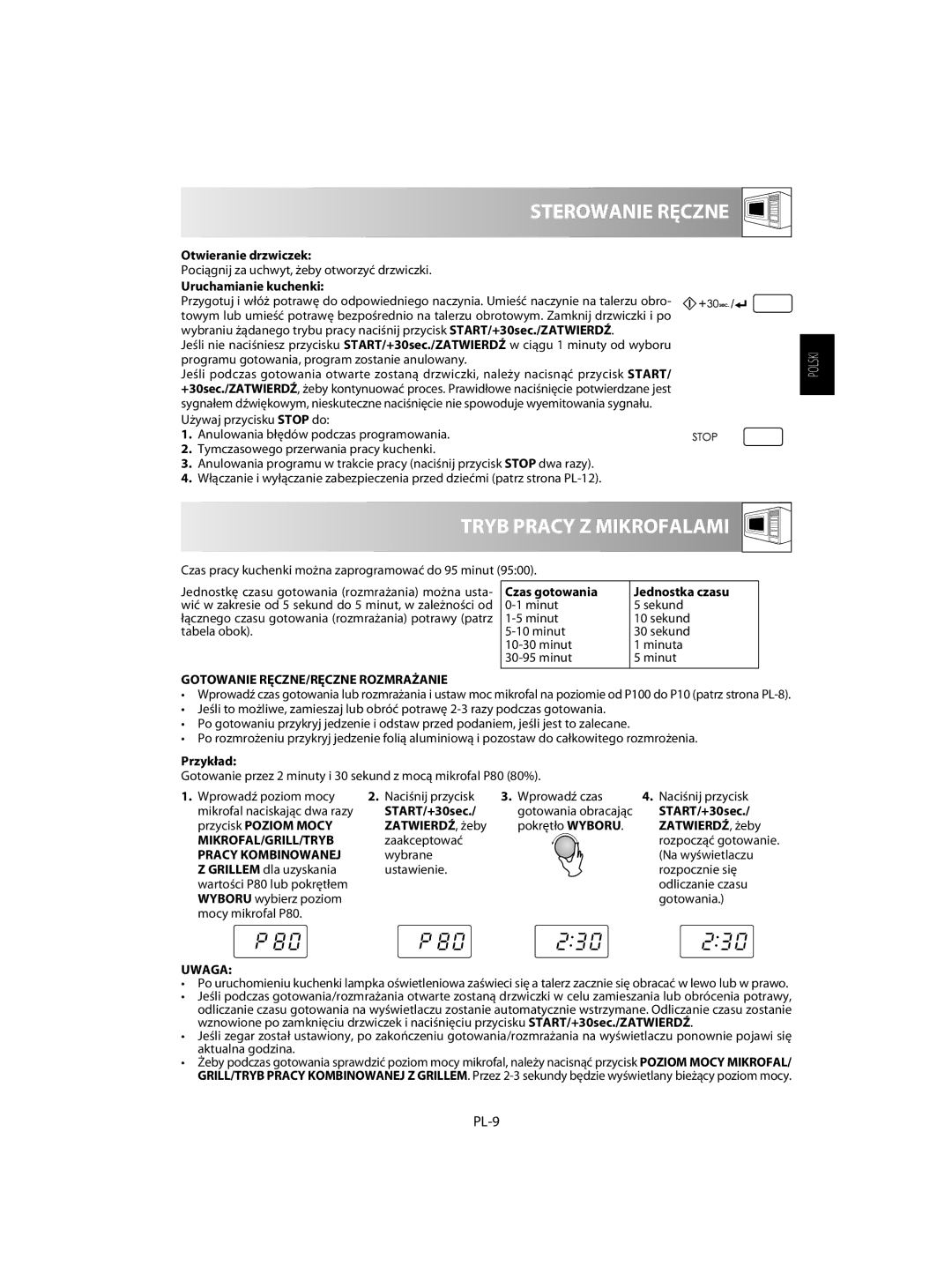 Sharp R-60ST manual Sterowanie Ręczne, Tryb Pracy Z Mikrofalami, PL-9 