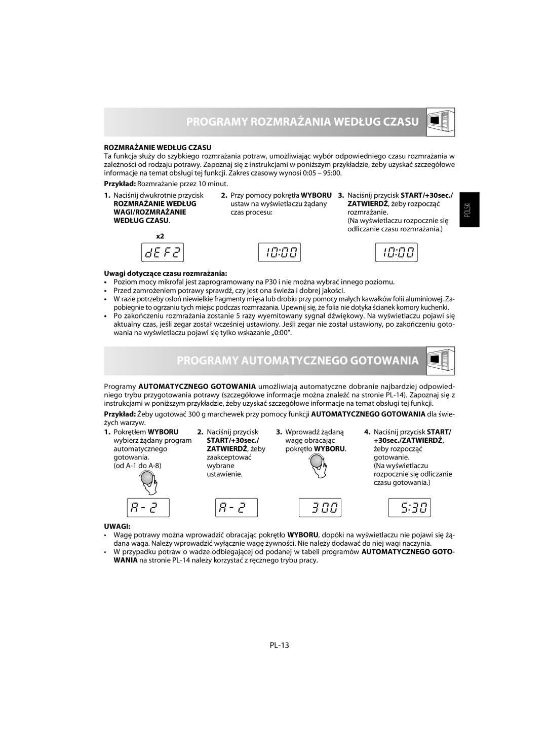 Sharp R-60ST manual Programy Rozmrażania Według Czasu, Programy Automatycznego Gotowania, PL-13 