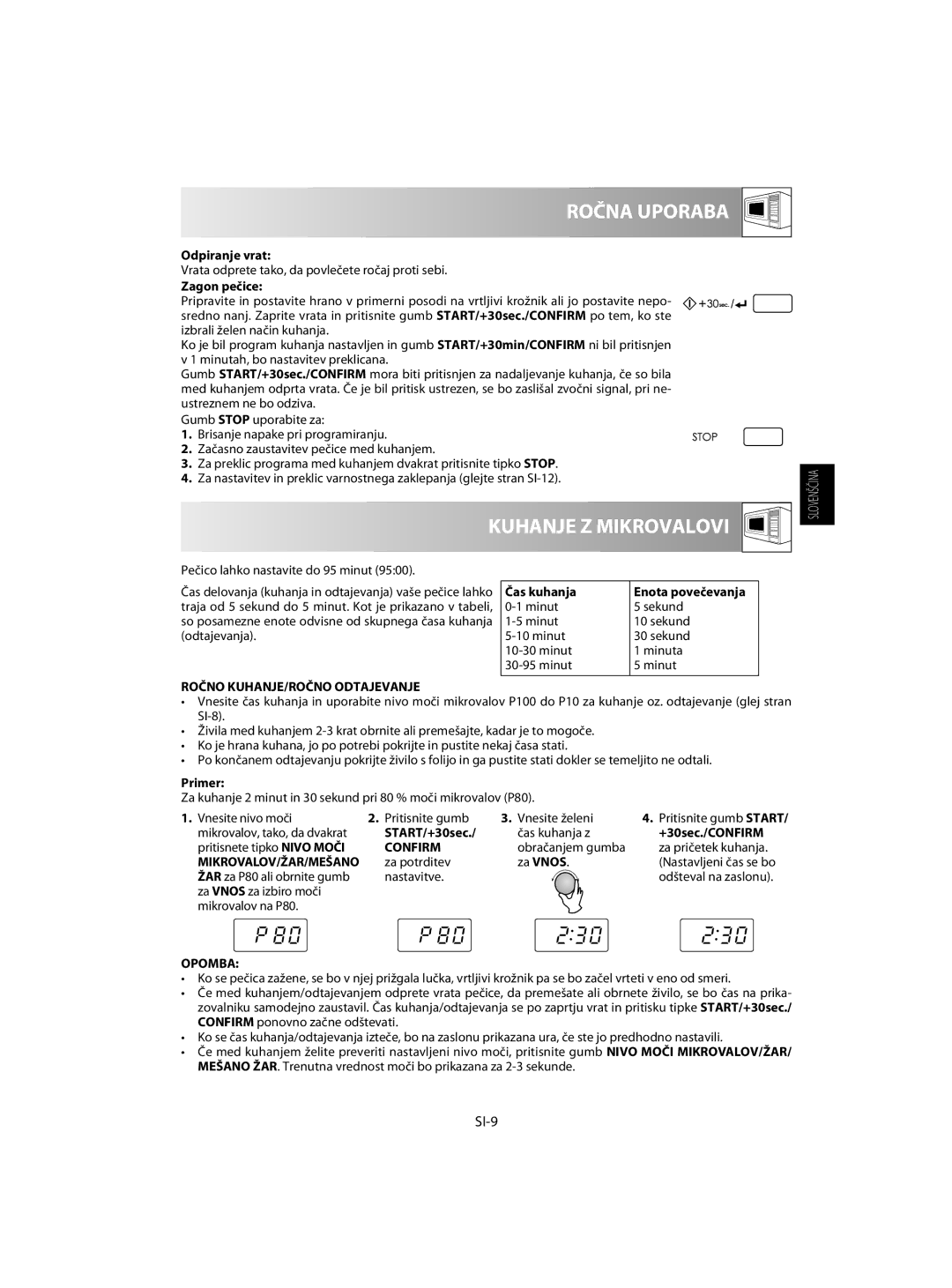 Sharp R-60ST manual Ročna Uporaba, Kuhanje Z Mikrovalovi, SI-9, Ročno KUHANJE/ROČNO Odtajevanje, Confirm 