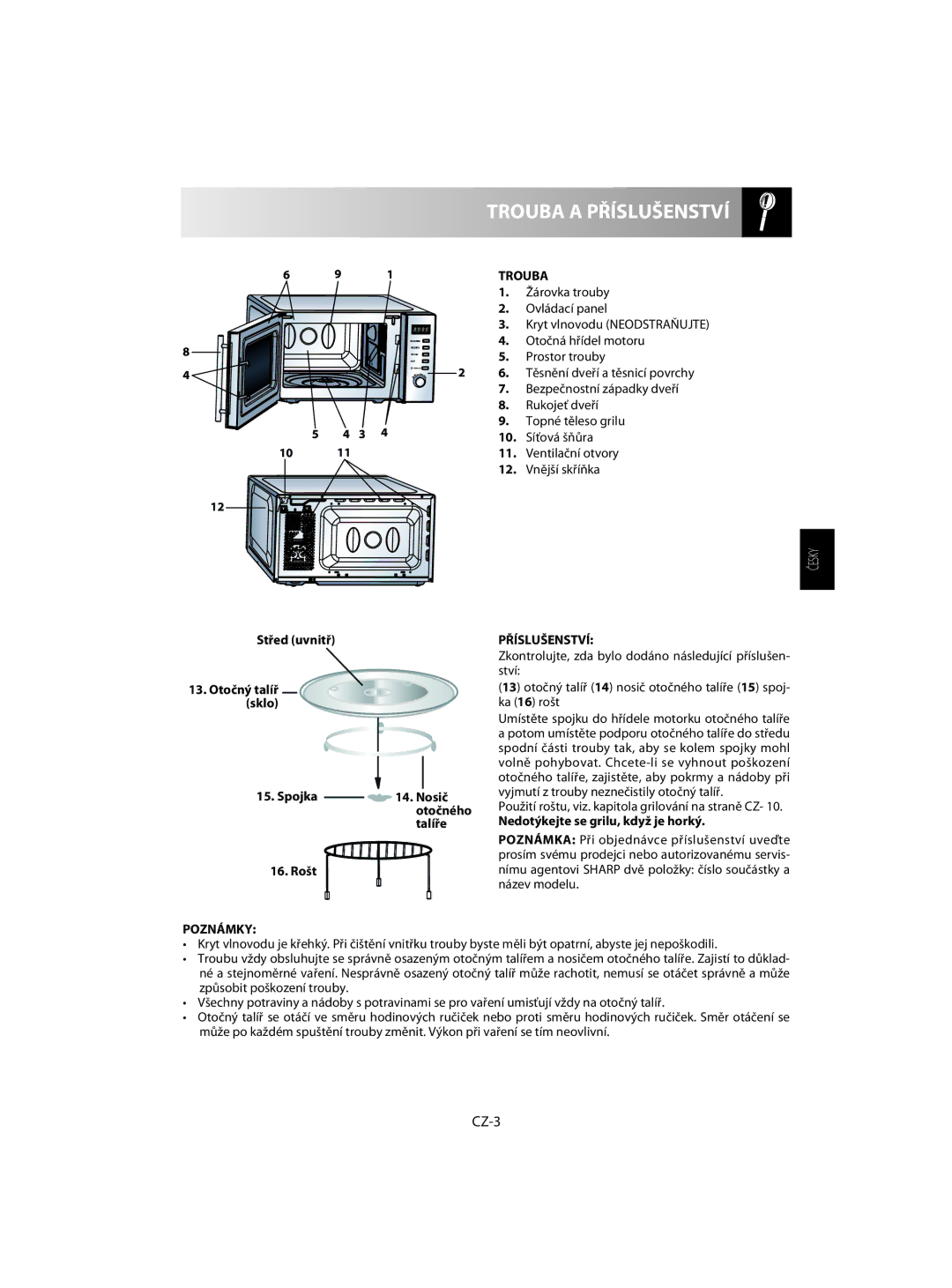 Sharp R-60ST manual Trouba a Příslušenství, CZ-3, Poznámky 