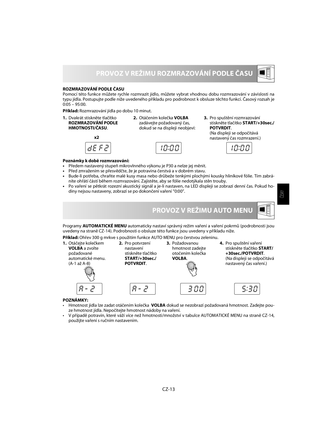 Sharp R-60ST manual Provoz V Režimu Rozmrazování Podle Času, Provoz V Režimu Auto Menu, CZ-13 