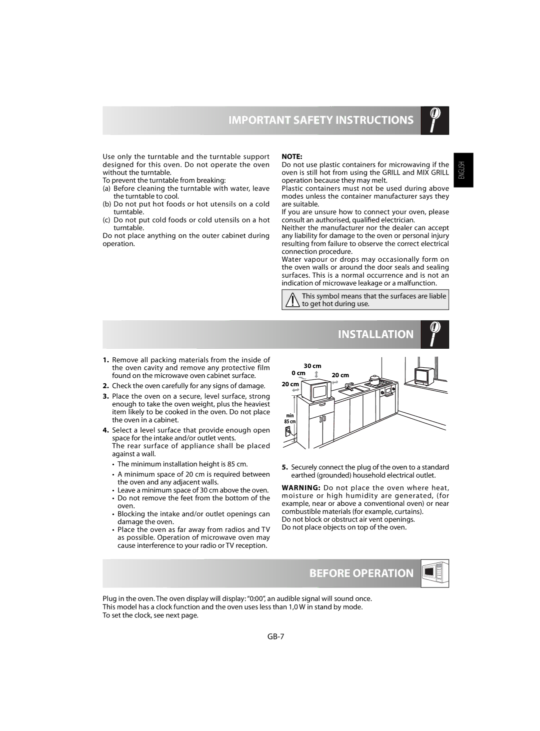 Sharp R-60ST manual Important Safety Instructions, Installation, Before Operation, GB-7 