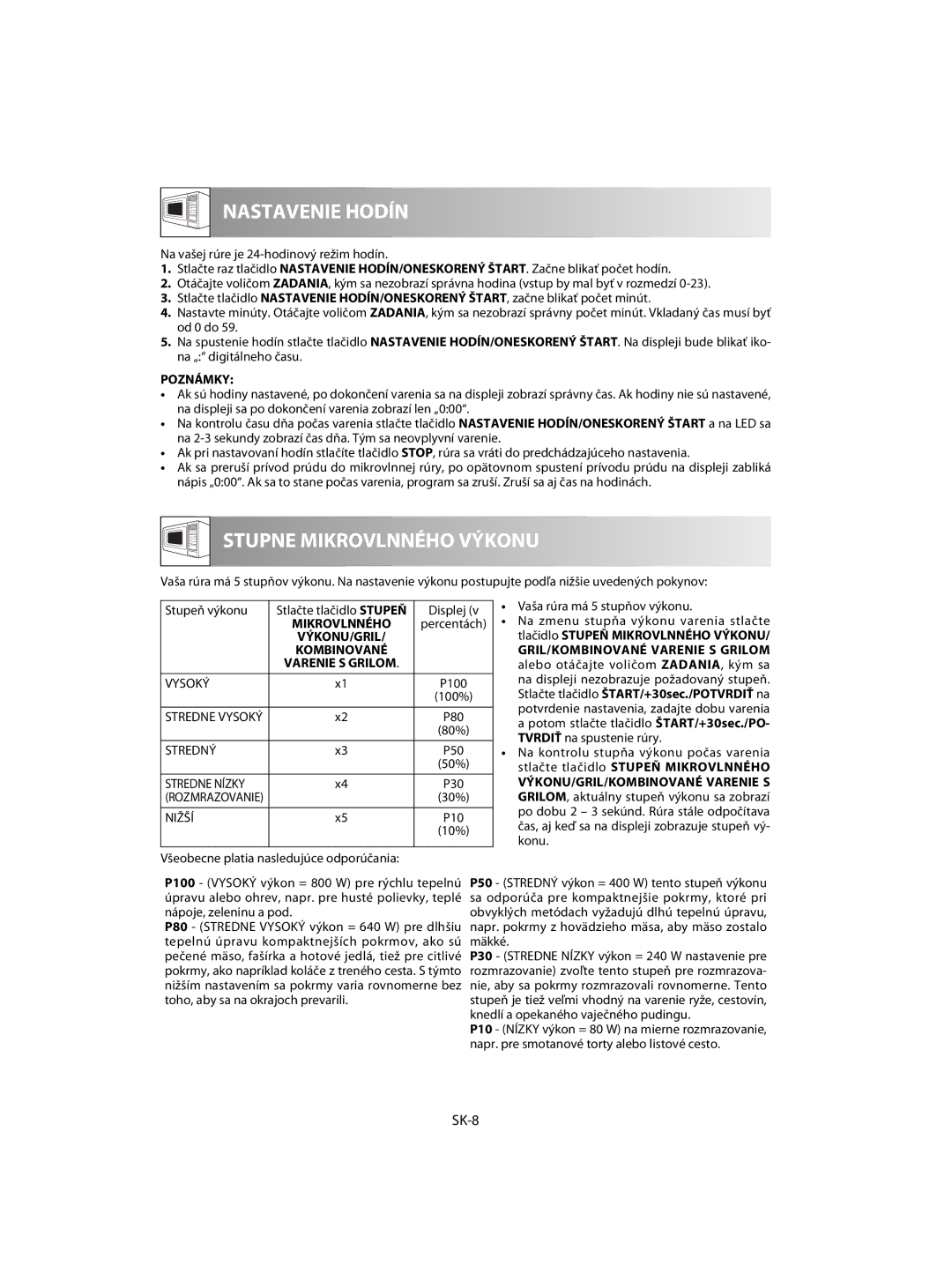 Sharp R-60ST manual SK-8, Tlačidlo Stupeň Mikrovlnného Výkonu, GRIL/KOMBINOVANÉ Varenie S Grilom 