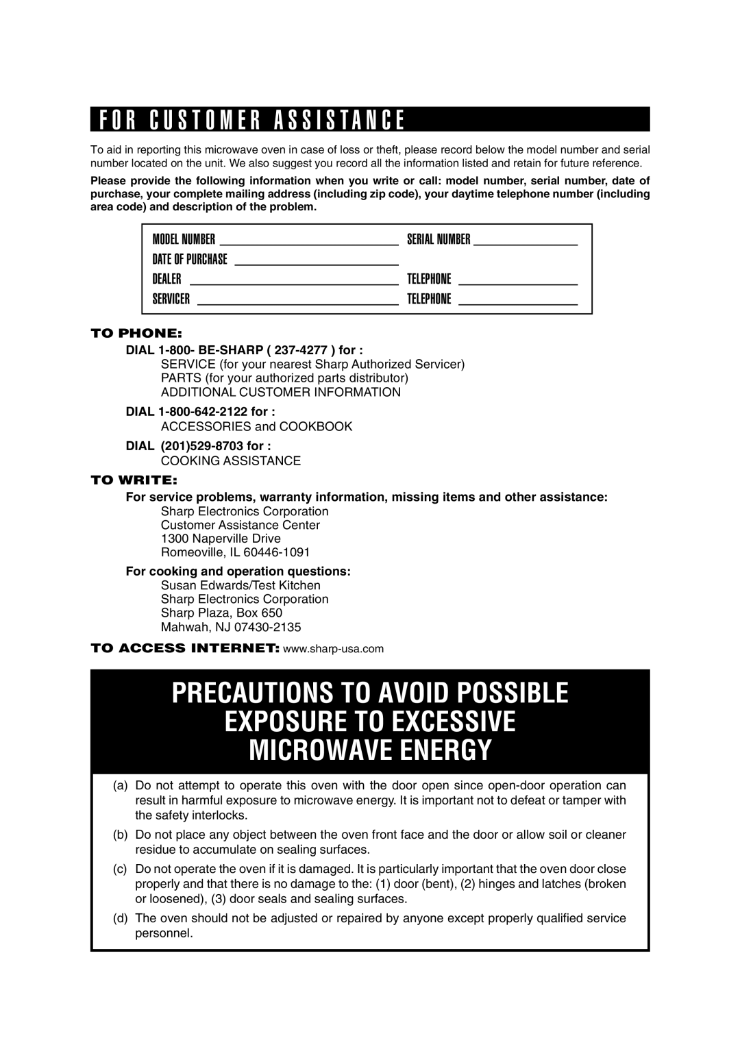 Sharp R-610D operation manual R C U S T O M E R a S S I S T a N C E, To Phone 