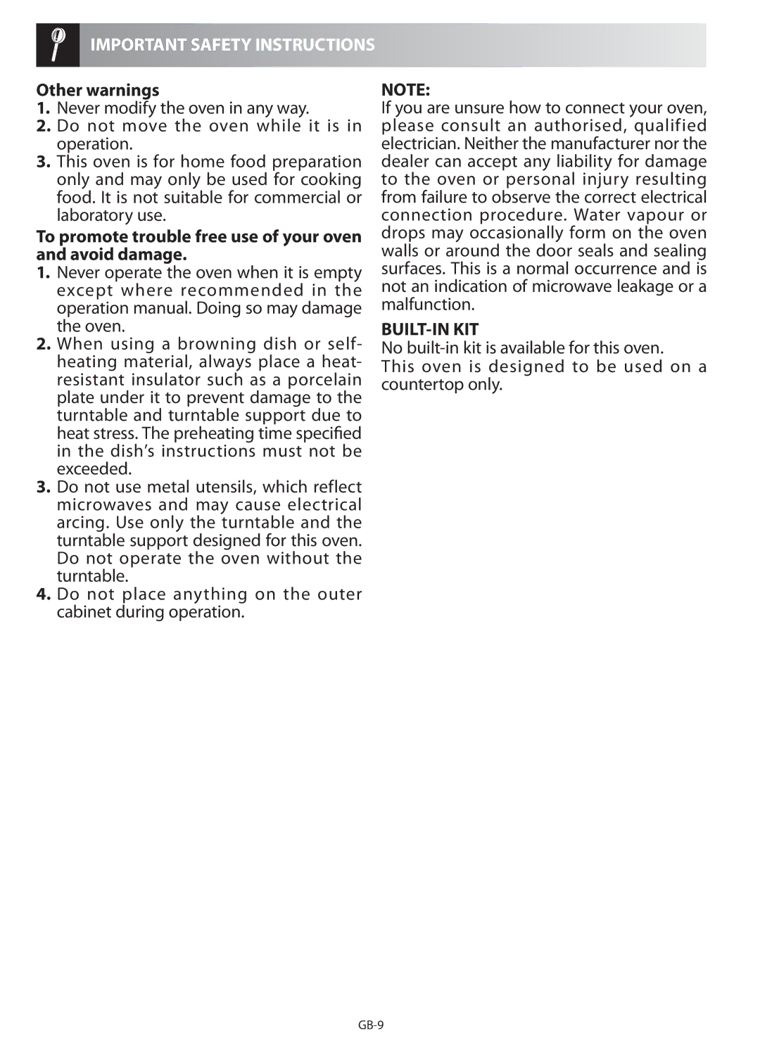 Sharp R-622STM operation manual Built-In Kit 