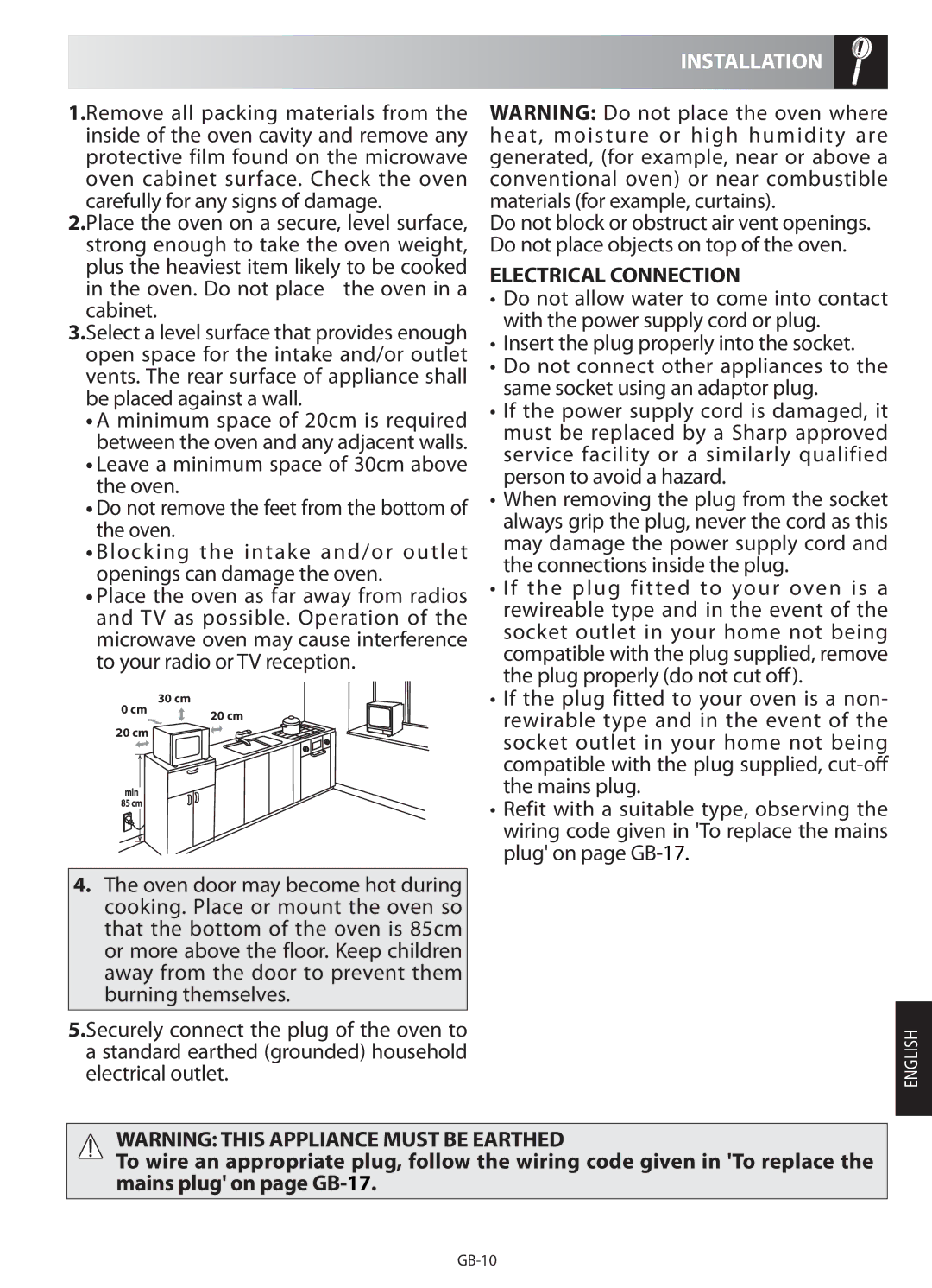 Sharp R-622STM operation manual Installation, Electrical Connection 