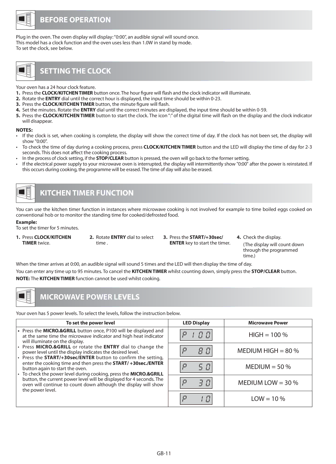 Sharp R-622STM operation manual Before Operation, Setting the Clock, Kitchen Timer Function, Microwave Power Levels 