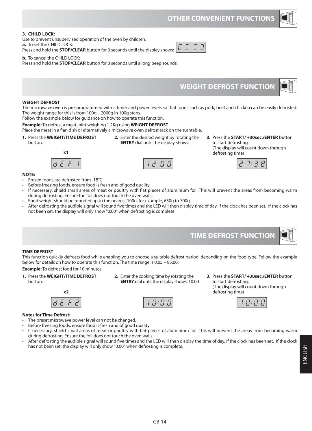 Sharp R-622STM operation manual Weight Defrost Function, Time Defrost Function, Child Lock 