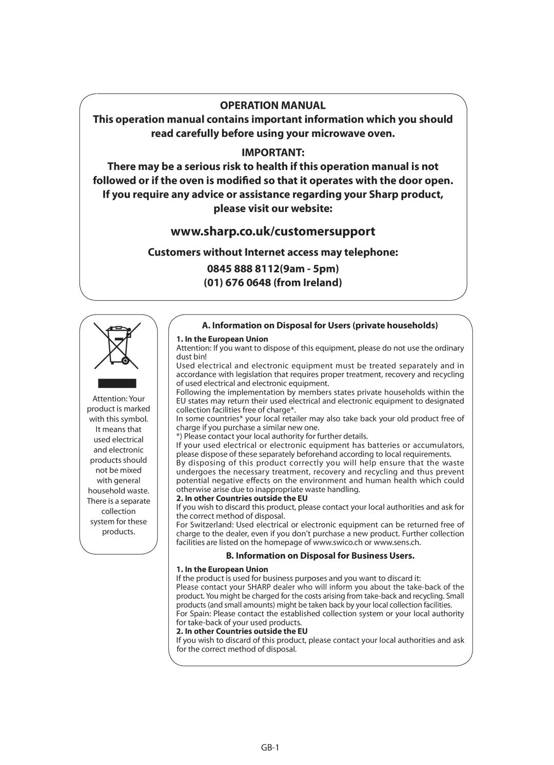 Sharp R-622STM operation manual European Union, Other Countries outside the EU 