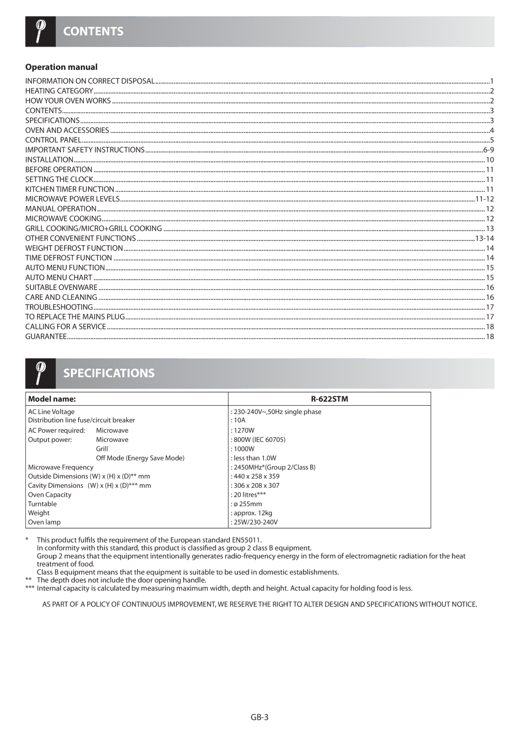 Sharp R-622STM operation manual Contents, Specifications 