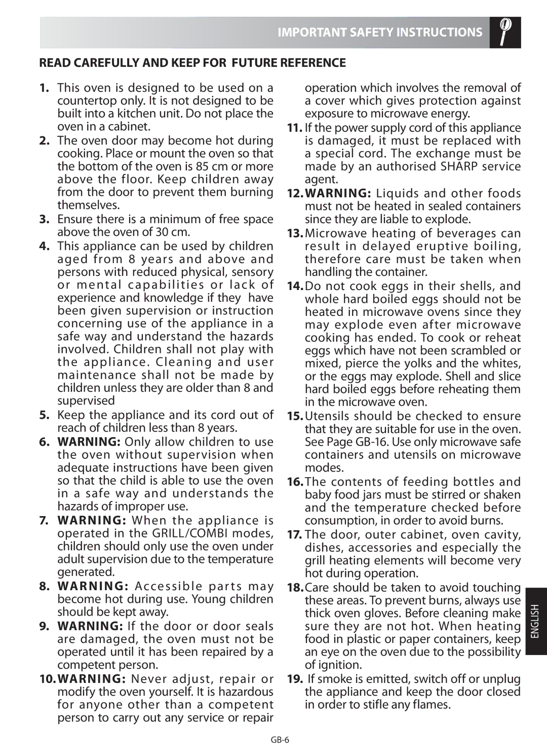 Sharp R-622STM operation manual Important Safety Instructions, Read Carefully and Keep for Future Reference 