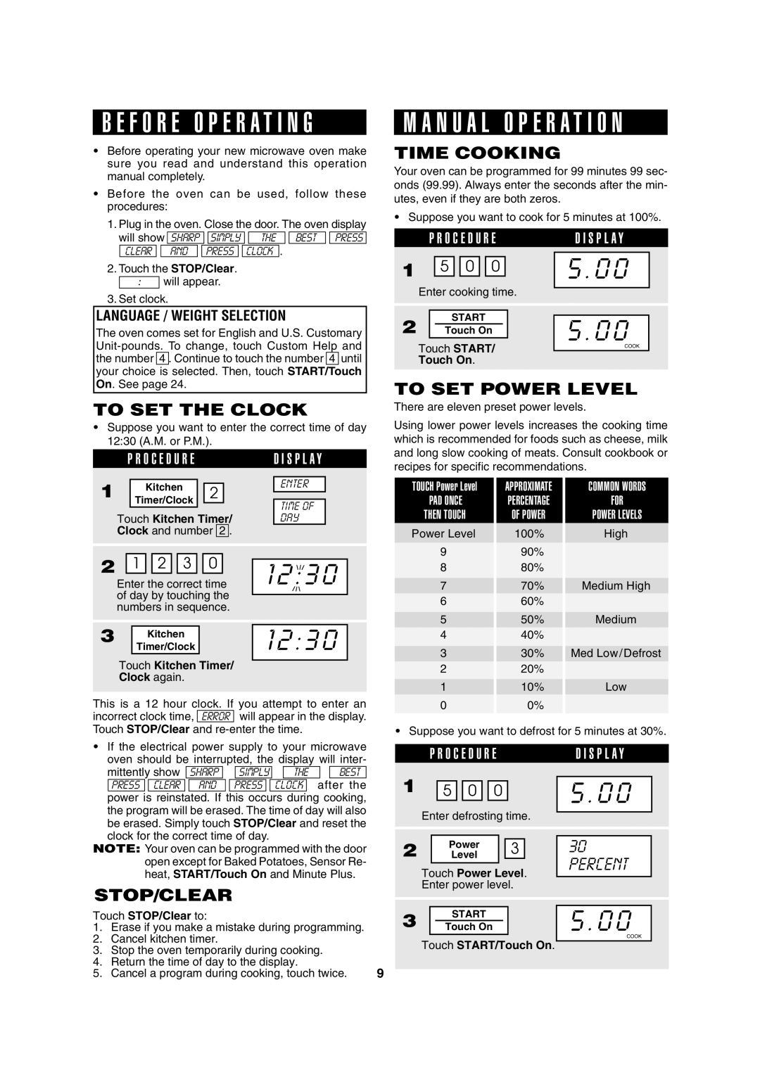 Sharp R-630D operation manual To SET the Clock, Stop/Clear, Time Cooking, To SET Power Level 