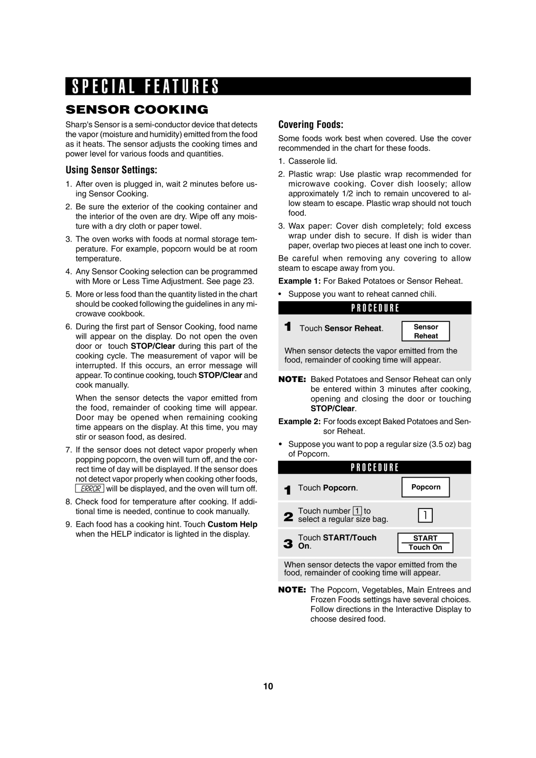 Sharp R-630D operation manual Sensor Cooking, O C E D U R E, Using Sensor Settings, Covering Foods 