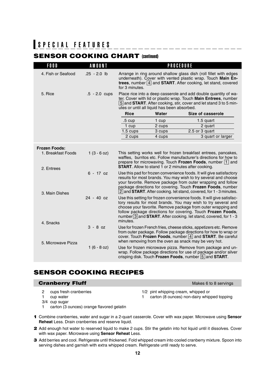 Sharp R-630D operation manual Sensor Cooking Recipes, Rice Water Size of casserole, Frozen Foods 