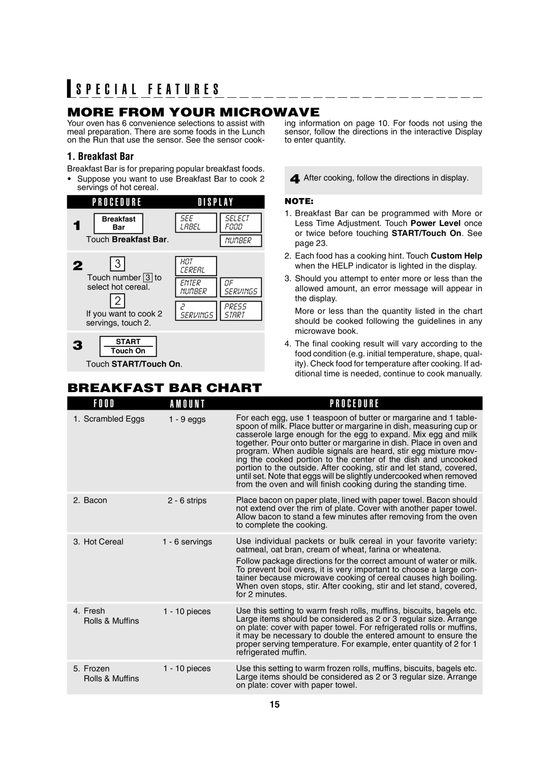 Sharp R-630D More from Your Microwave, Breakfast BAR Chart, O D O U N T O C E D U R E, Touch Breakfast Bar 