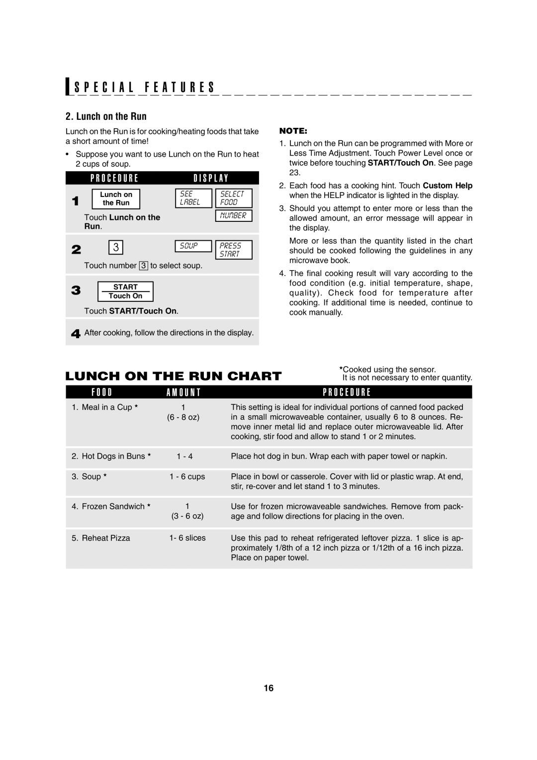 Sharp R-630D operation manual Lunch on the RUN Chart, Lunch on the Run, Touch Lunch on 