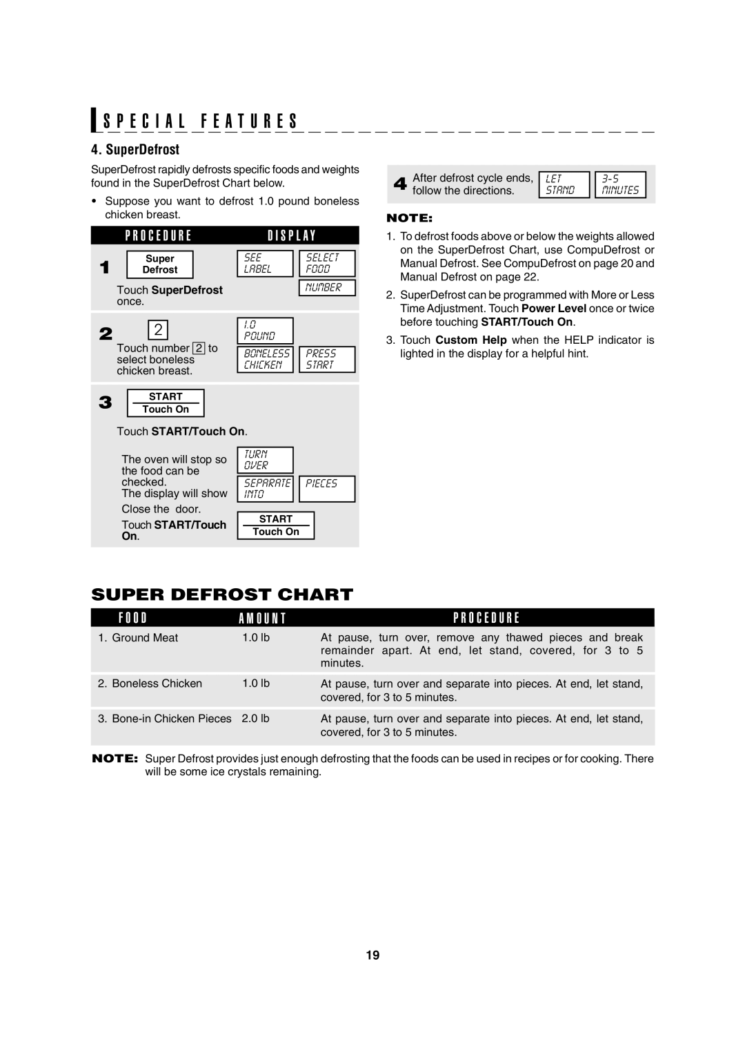 Sharp R-630D operation manual Super Defrost Chart, Touch SuperDefrost 