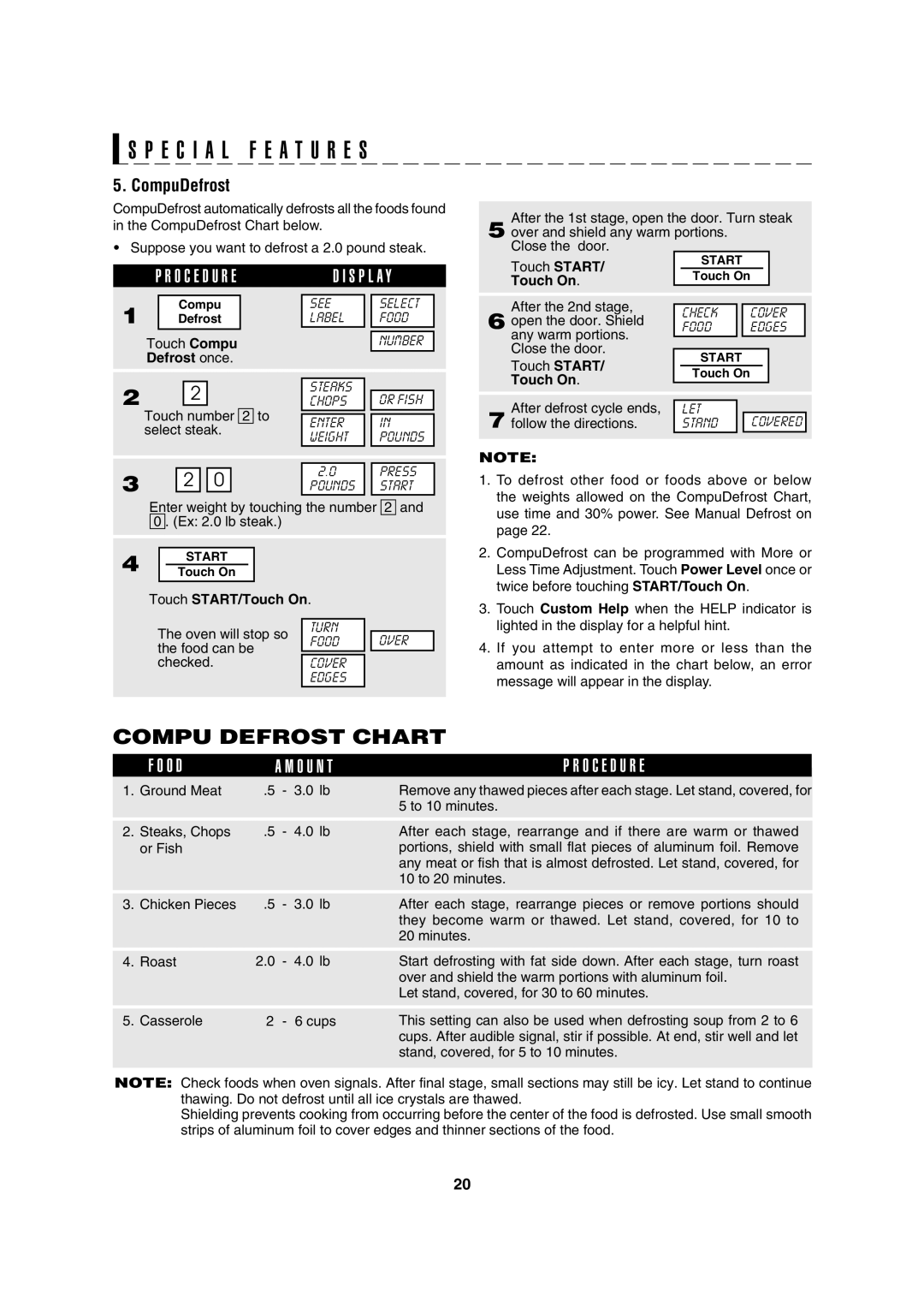 Sharp R-630D operation manual Compu Defrost Chart, CompuDefrost, Defrost once, Touch START/Touch On 