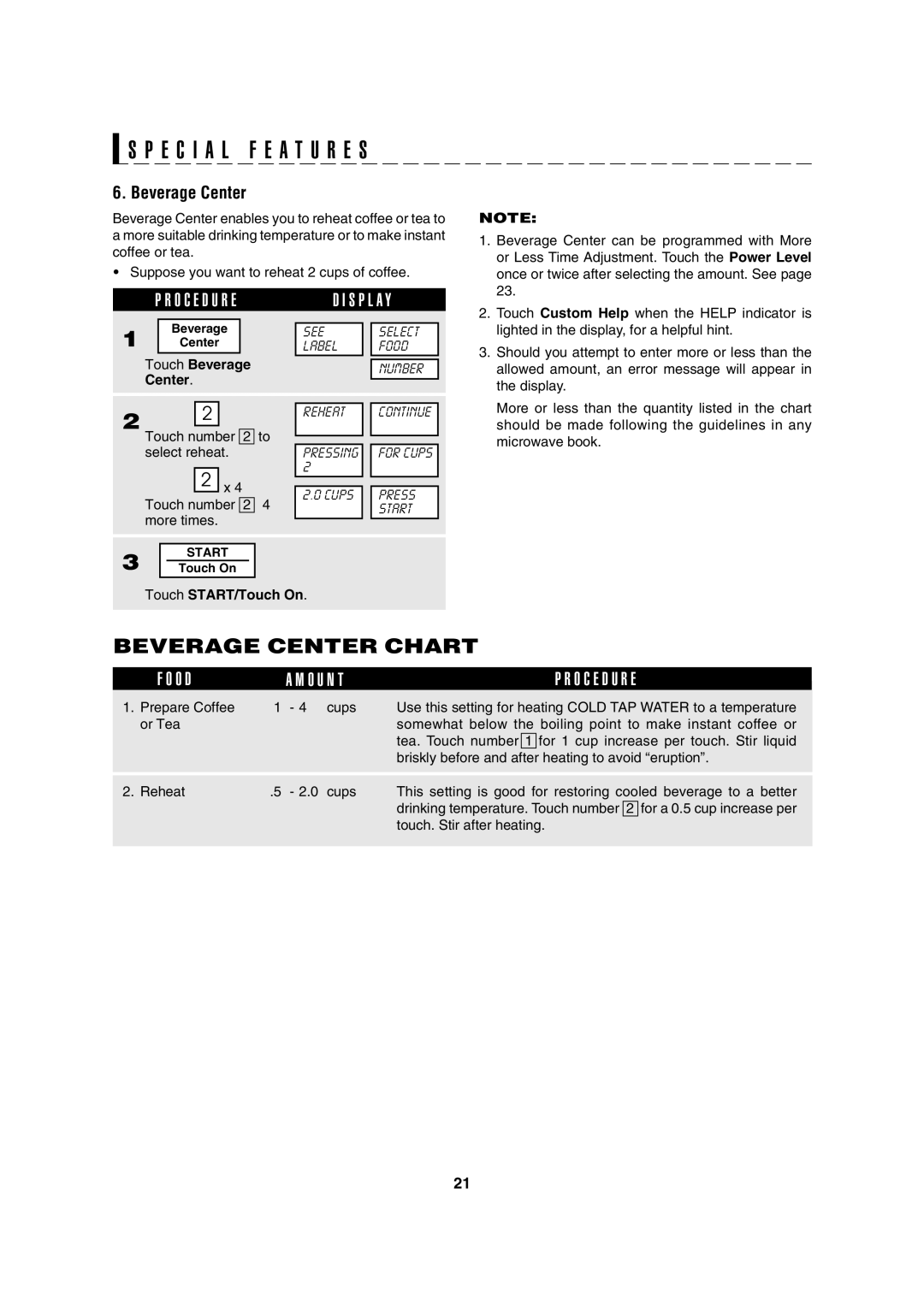 Sharp R-630D operation manual Beverage Center Chart 