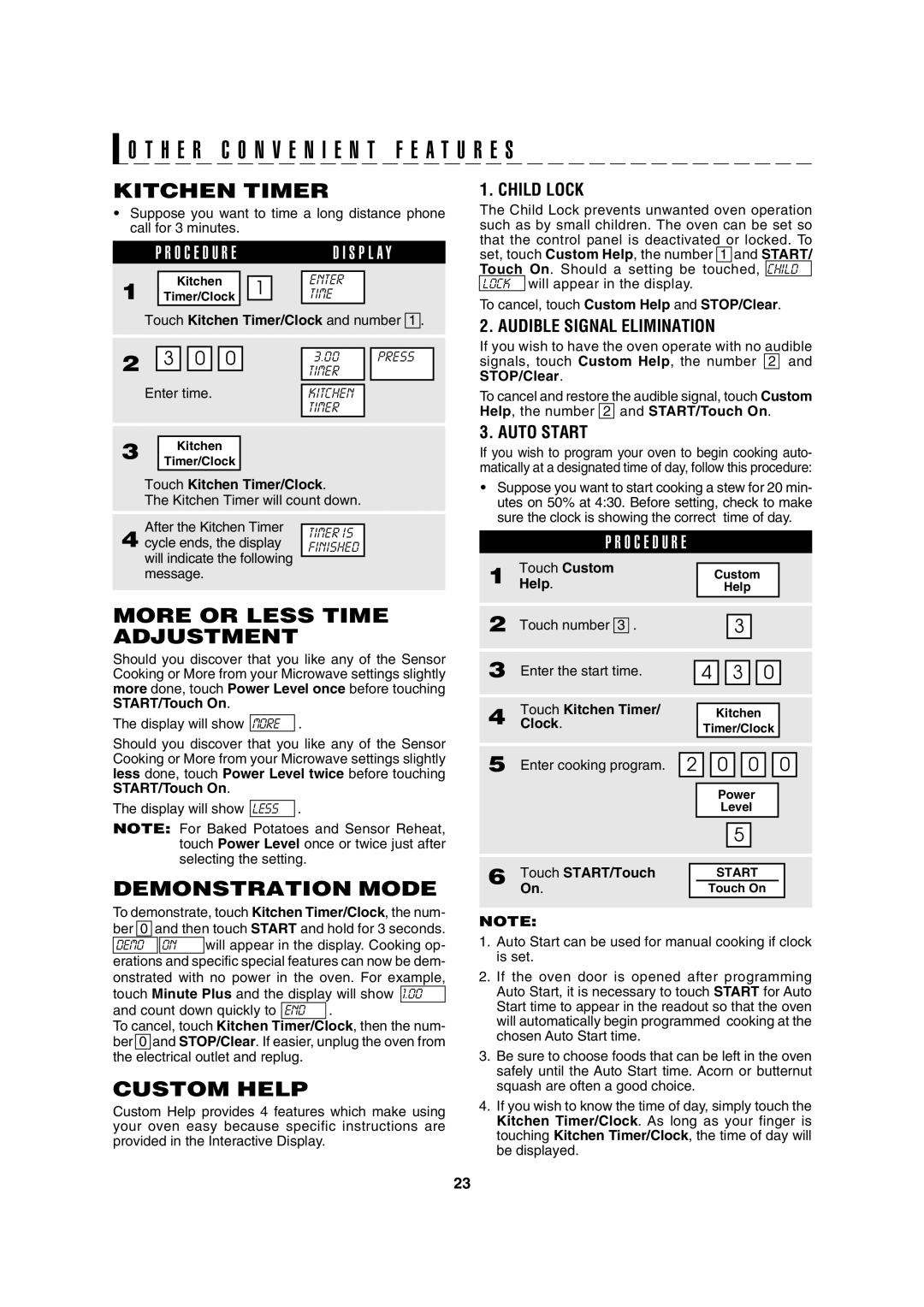 Sharp R-630D operation manual More or Less Time Adjustment, Demonstration Mode, Custom Help, Touch Kitchen Timer/Clock 