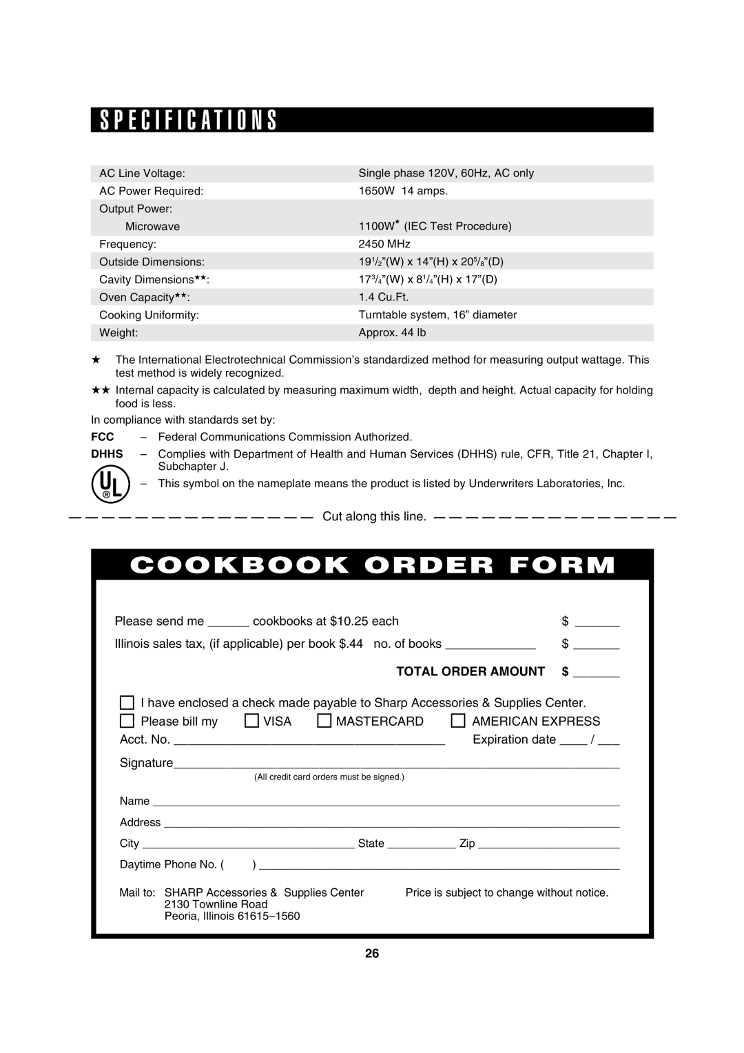 Sharp R-630D operation manual Specification S, Dhhs 