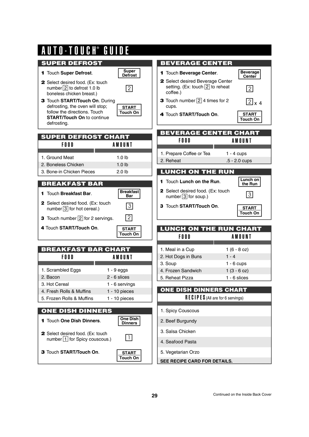 Sharp R-630D operation manual Touch Super Defrost, START/Touch On to continue, Touch Beverage Center, Touch Breakfast Bar 