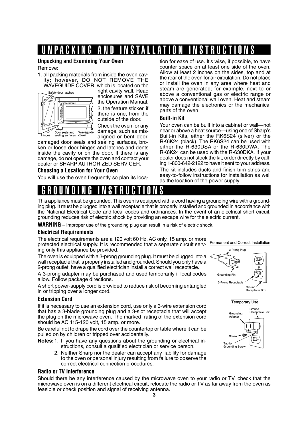 Sharp R-630D operation manual O U N D I N G I N S T R U C T I O N S 