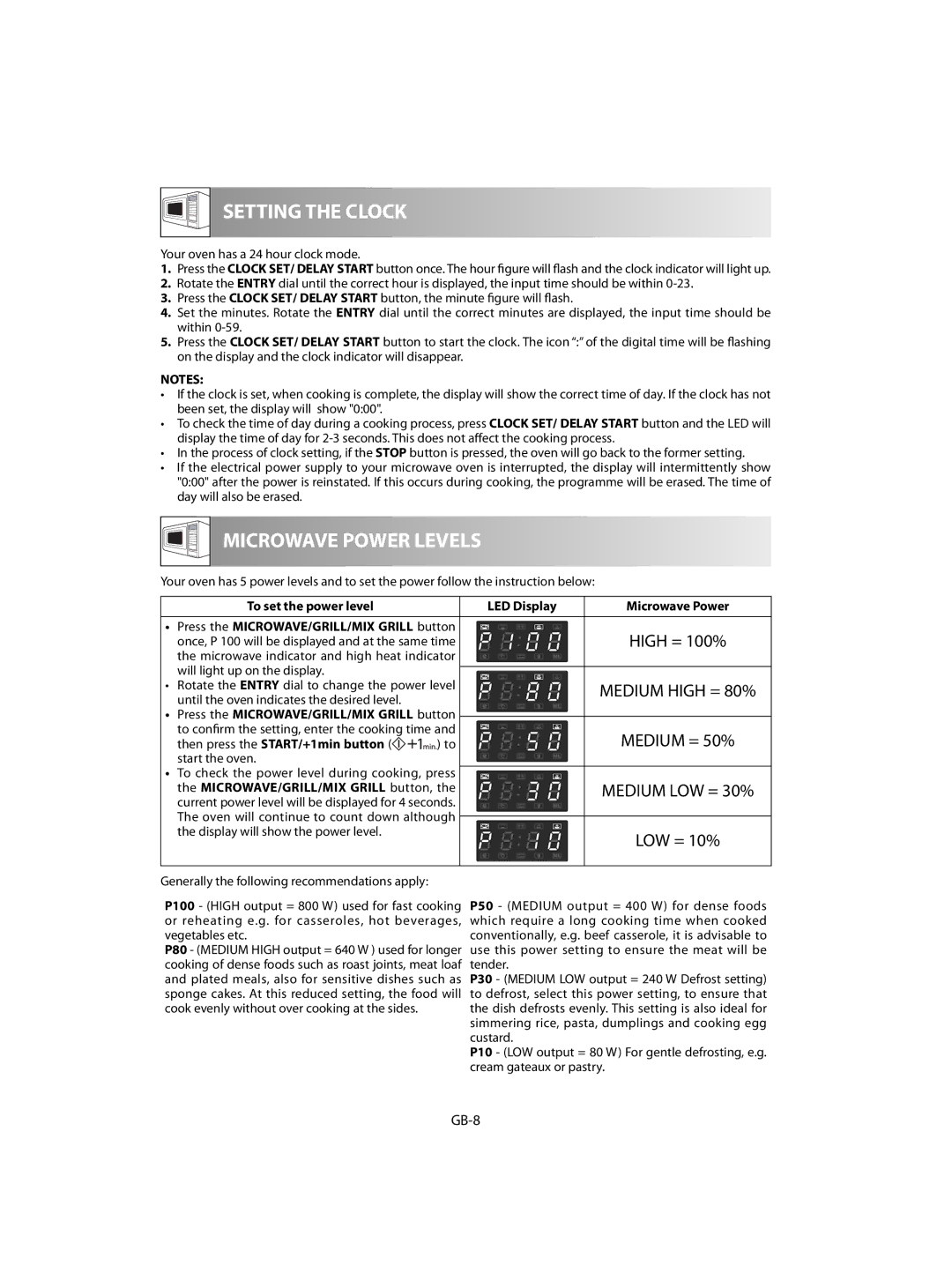 Sharp R-63ST operation manual GB-8, To set the power level LED Display Microwave Power, Then press the START/+1min button 