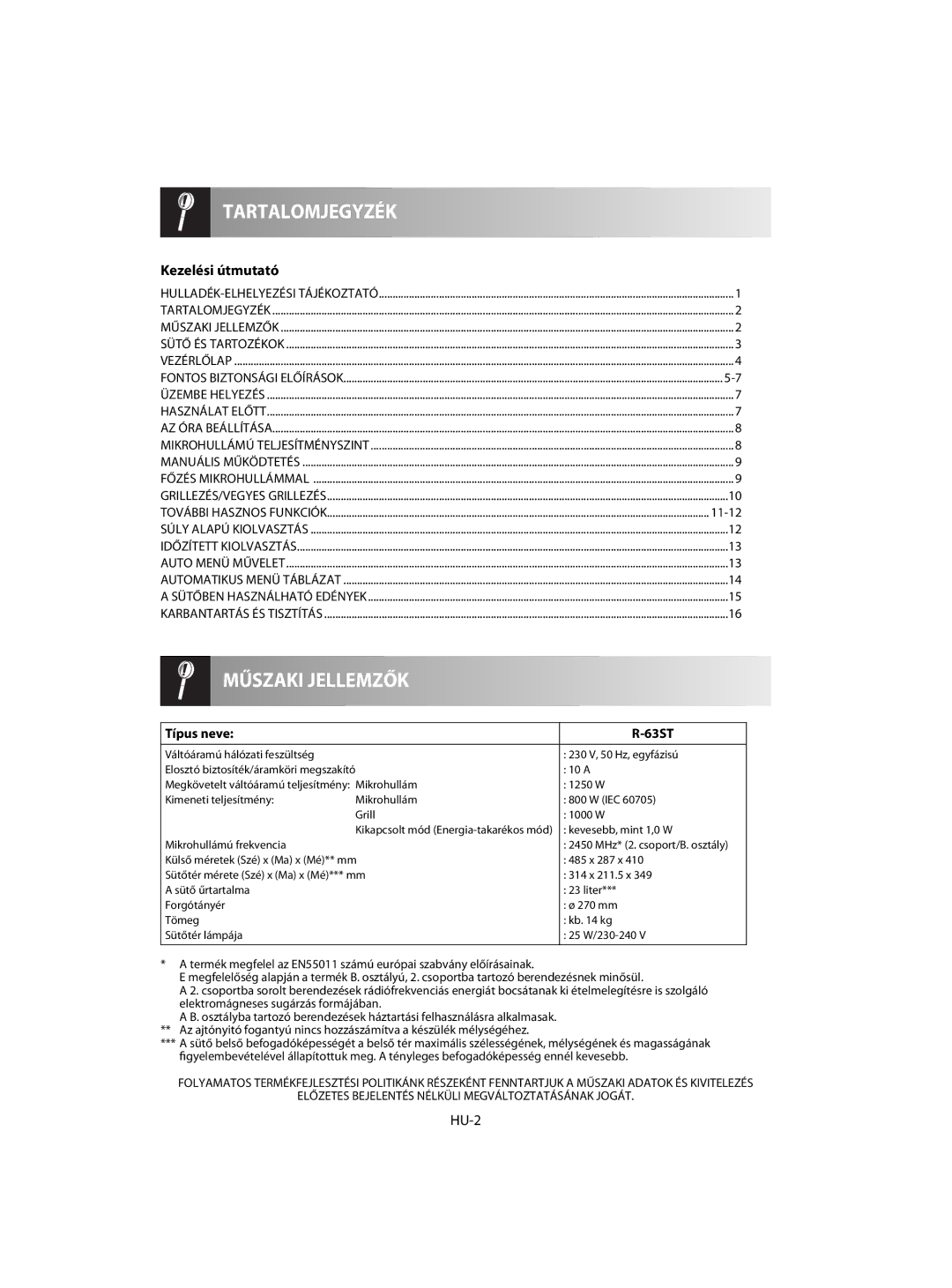 Sharp R-63ST operation manual Kezelési útmutató, HU-2, Típus neve 63ST, Kevesebb, mint 1,0 W, Mikrohullámú frekvencia 