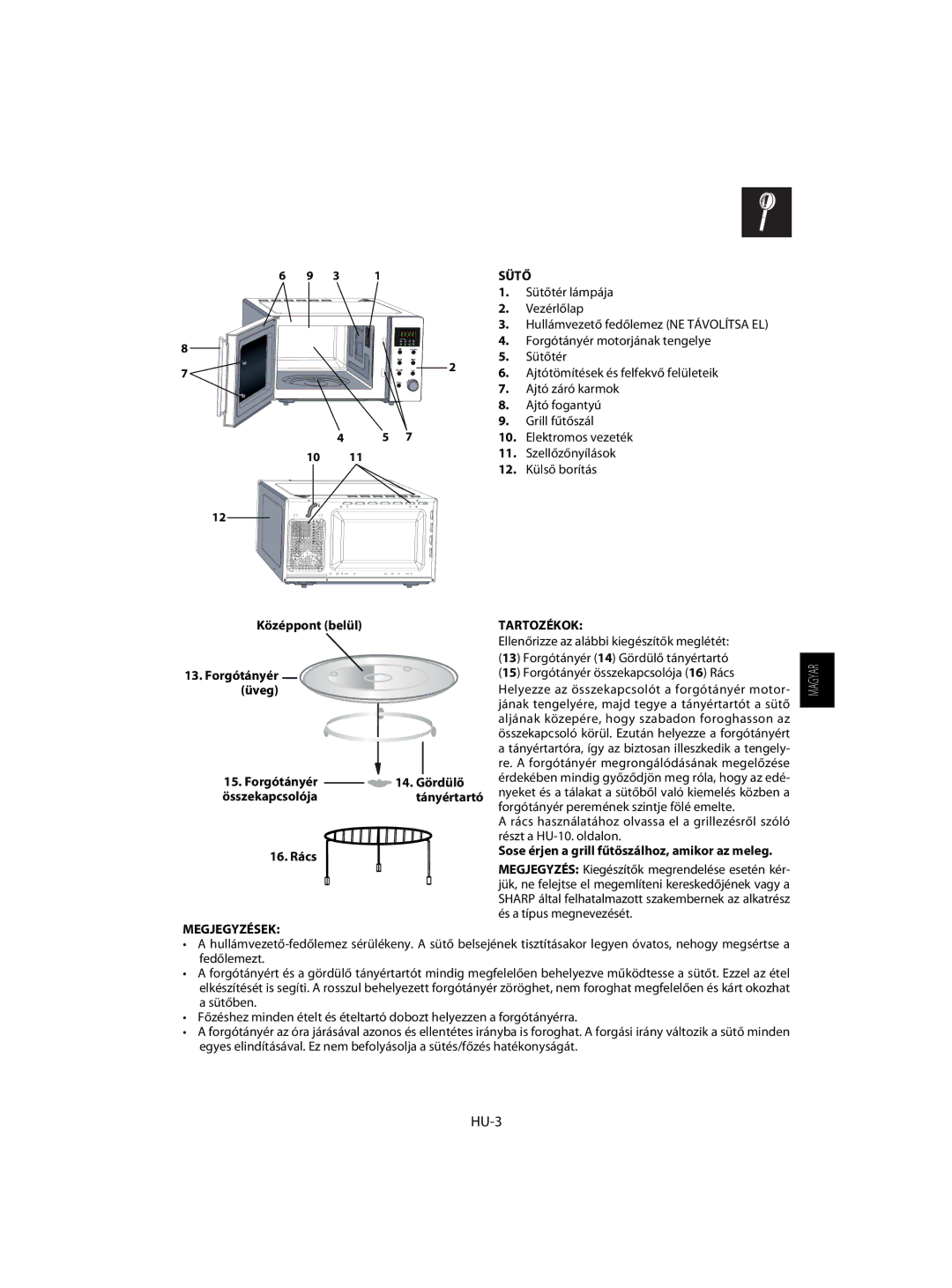 Sharp R-63ST operation manual Sütő ÉS Tartozékok, HU-3, Megjegyzések 