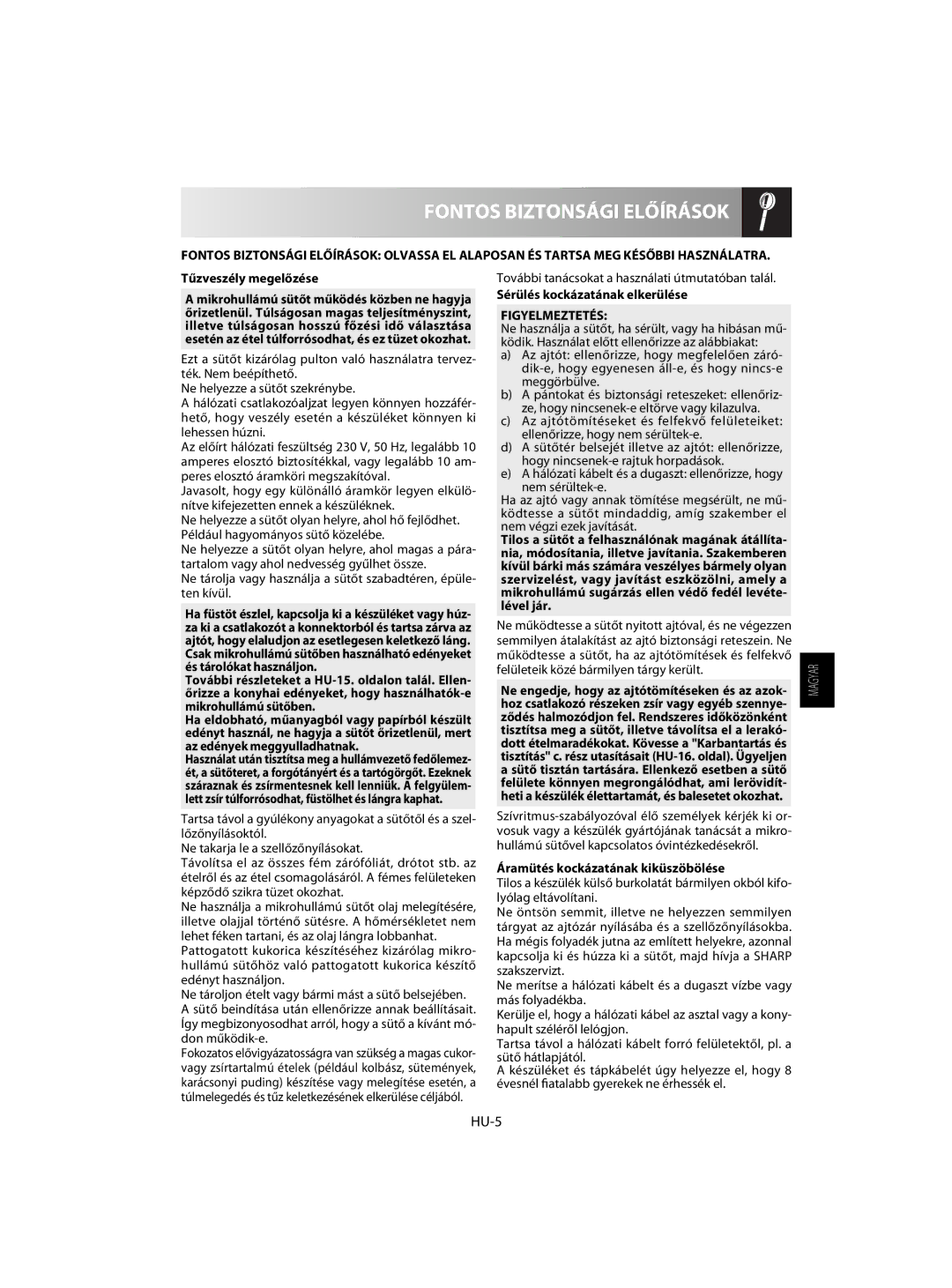 Sharp R-63ST operation manual Fontos Biztonsági Előírások, HU-5, Figyelmeztetés 