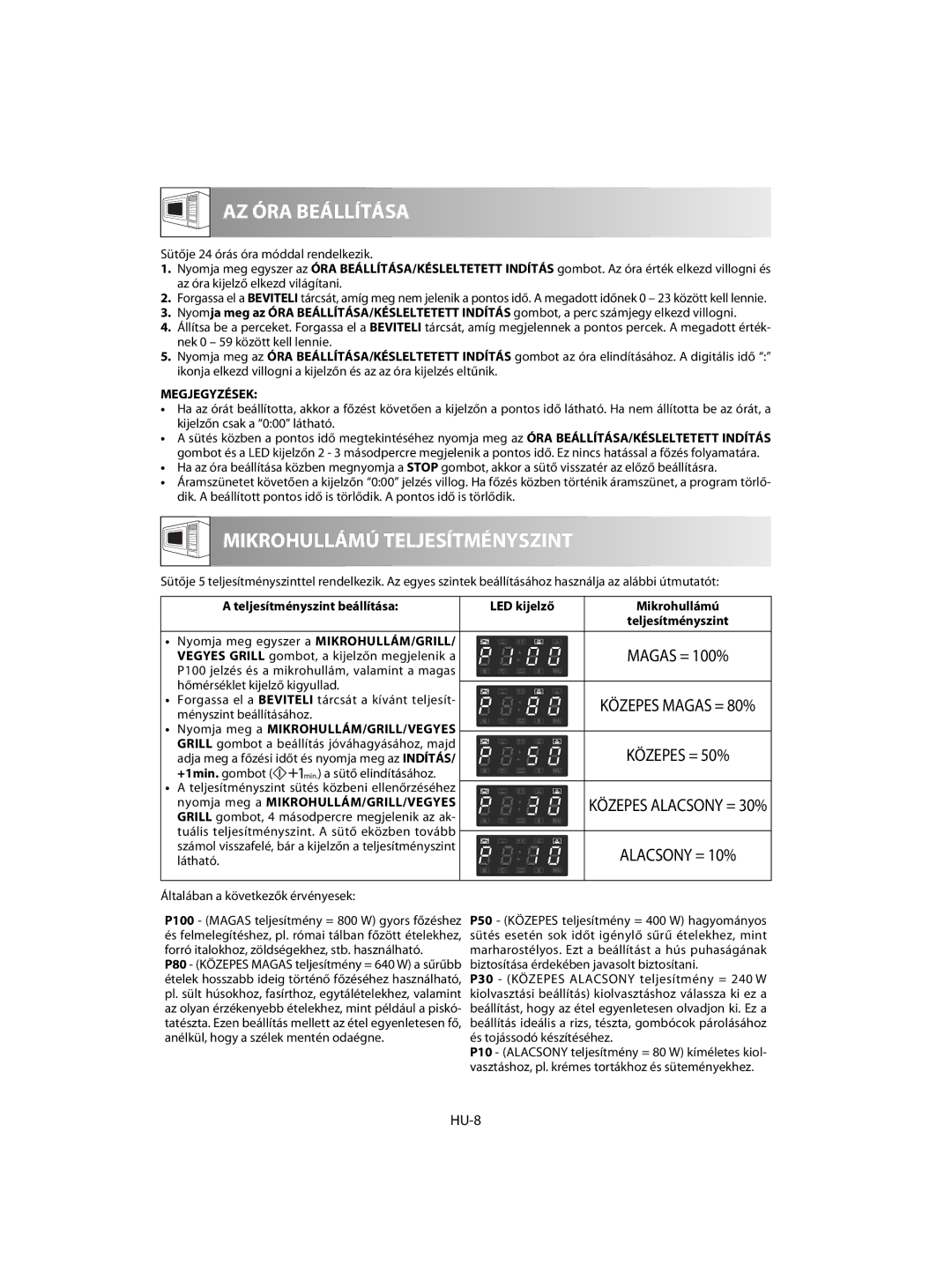 Sharp R-63ST operation manual HU-8, Teljesítményszint beállítása LED kijelző Mikrohullámú 