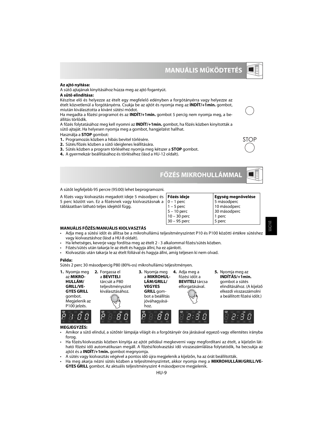 Sharp R-63ST operation manual Manuális Működtetés, Főzés Mikrohullámmal, HU-9 