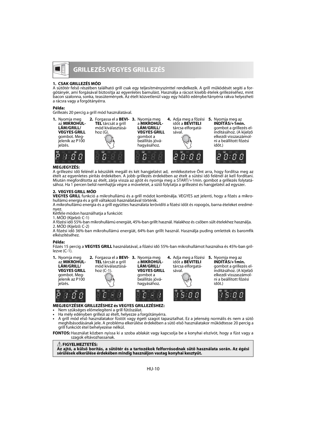 Sharp R-63ST operation manual HU-10, Csak Grillezés MÓD, Vegyes Grill MÓD 