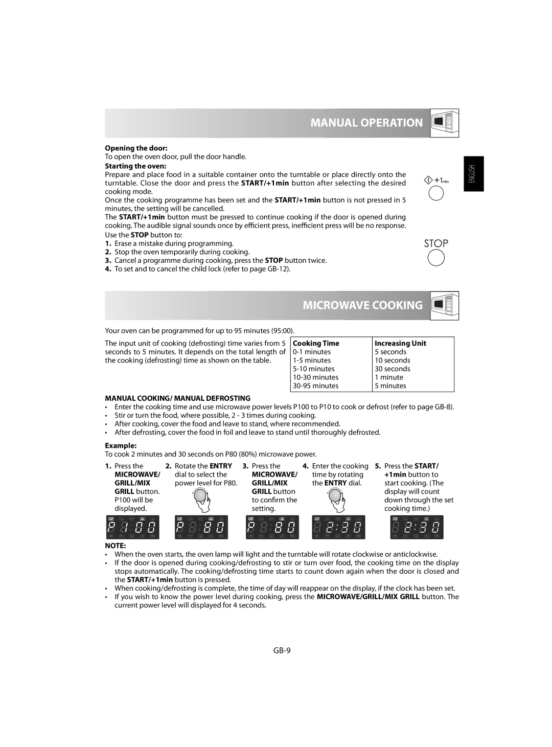 Sharp R-63ST operation manual Manual Operation, Microwave Cooking, GB-9 