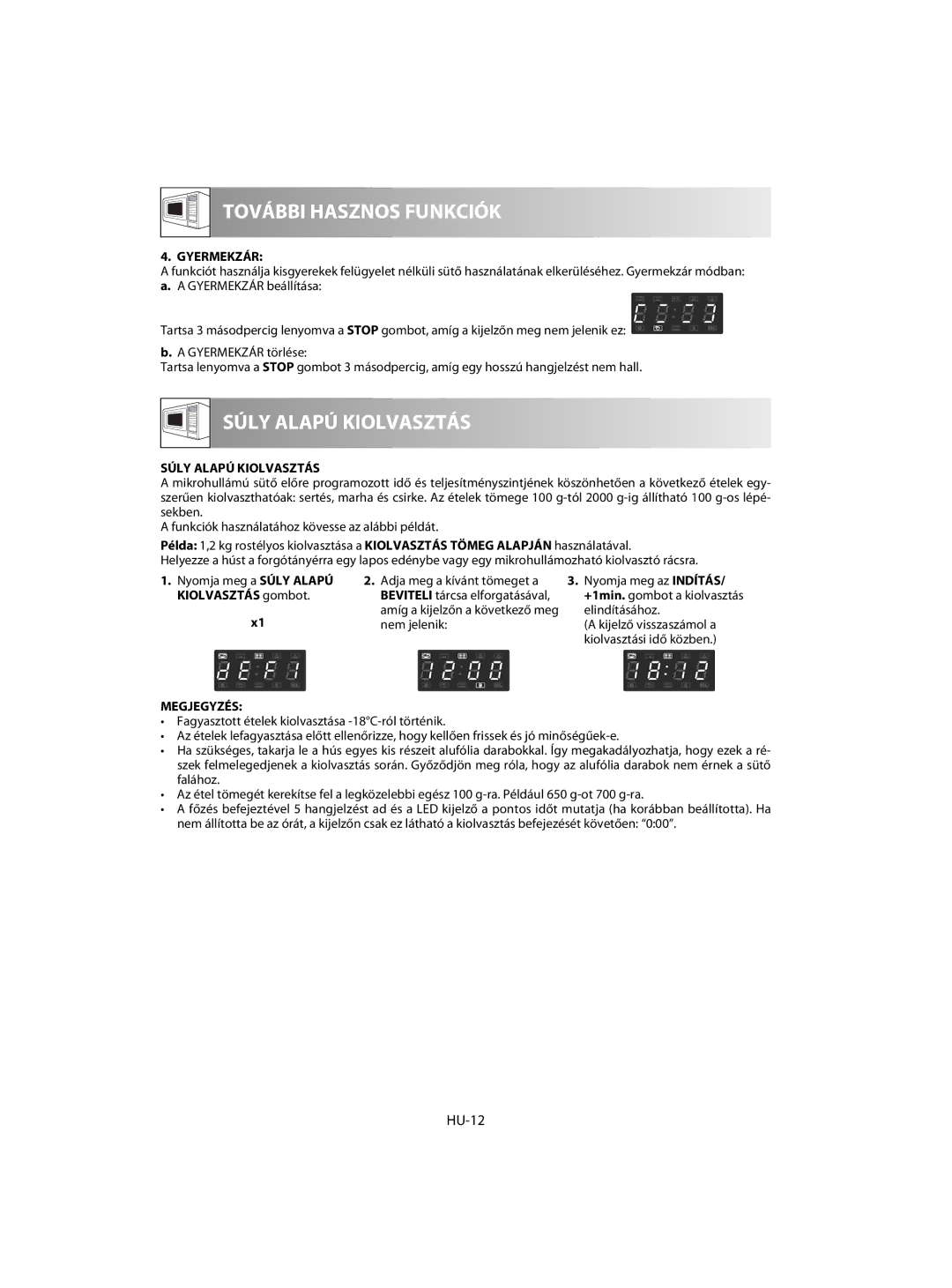 Sharp R-63ST operation manual HU-12, Gyermekzár, Súly Alapú Kiolvasztás, Kijelző visszaszámol a kiolvasztási idő közben 