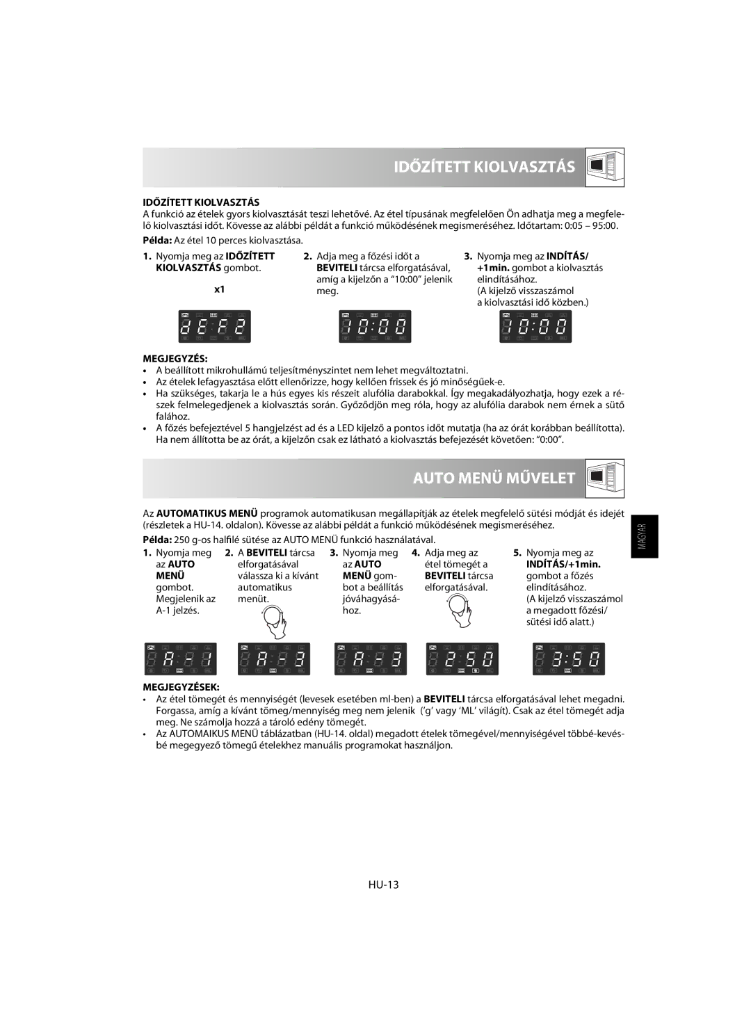 Sharp R-63ST operation manual Időzített Kiolvasztás, Auto Menü Művelet, HU-13 