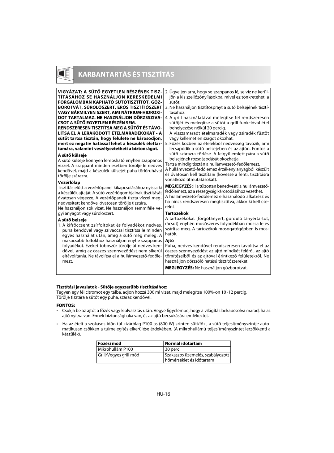 Sharp R-63ST operation manual HU-16, Fontos 