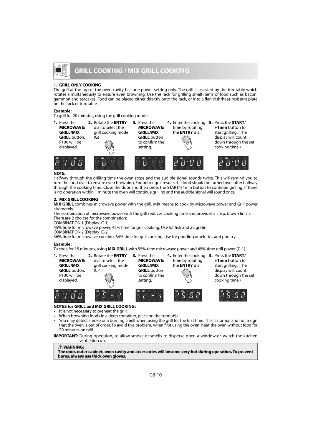 Sharp R-63ST operation manual GB-10, Grill only Cooking, Grill cooking mode, MIX Grill Cooking 