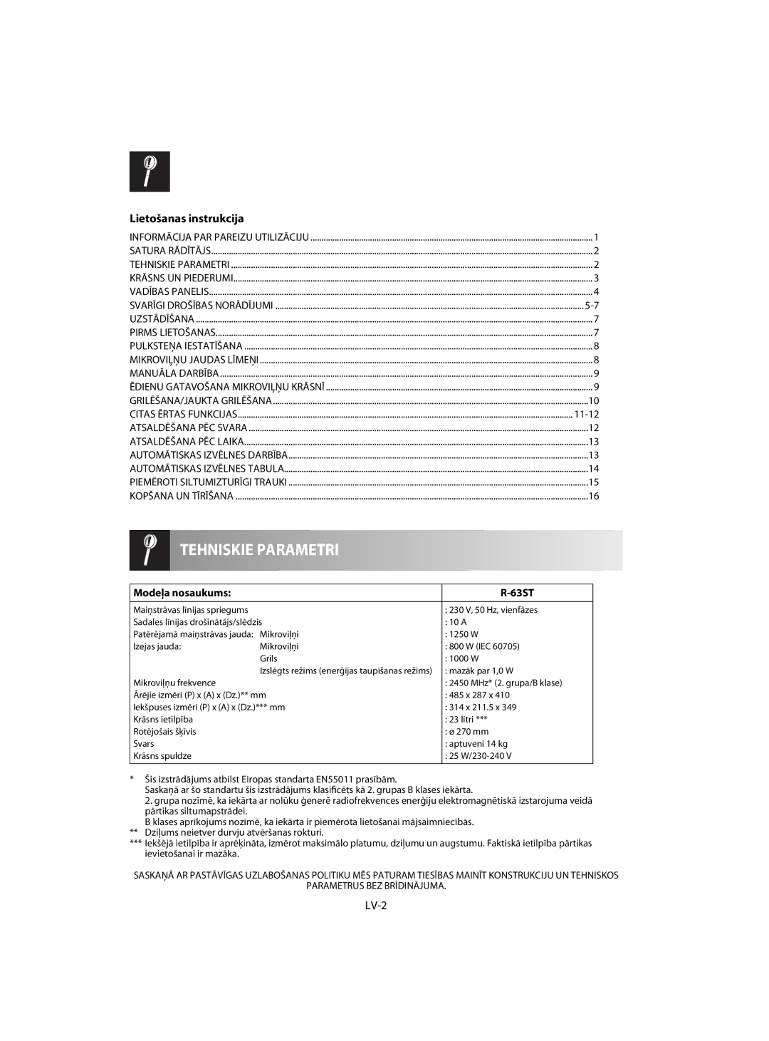 Sharp R-63ST operation manual Lietošanas instrukcija, LV-2, Modeļa nosaukums 63ST 