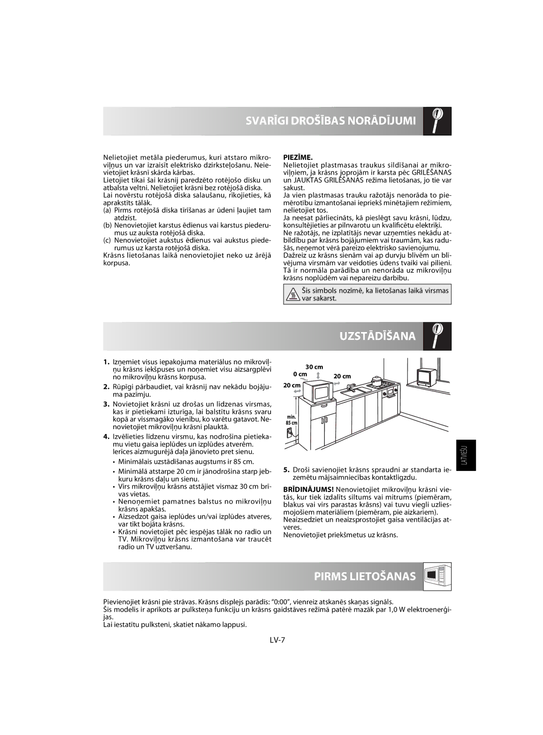 Sharp R-63ST operation manual Uzstādīšana, Pirms Lietošanas, LV-7, Piezīme 