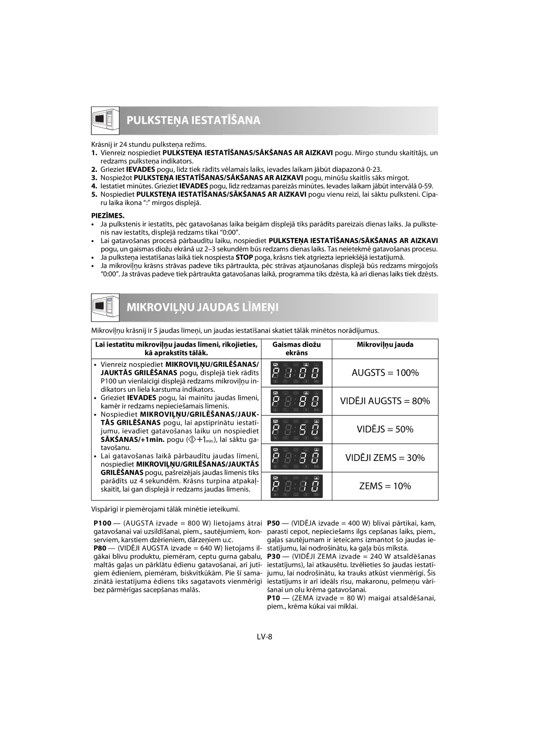 Sharp R-63ST operation manual Augsts = 100%, Vidējs = 50%, Zems = 10%, LV-8 