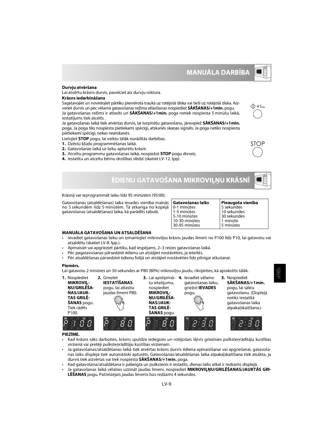 Sharp R-63ST operation manual Manuāla Darbība, Ēdienu Gatavošana Mikroviļņu Krāsnī, LV-9 