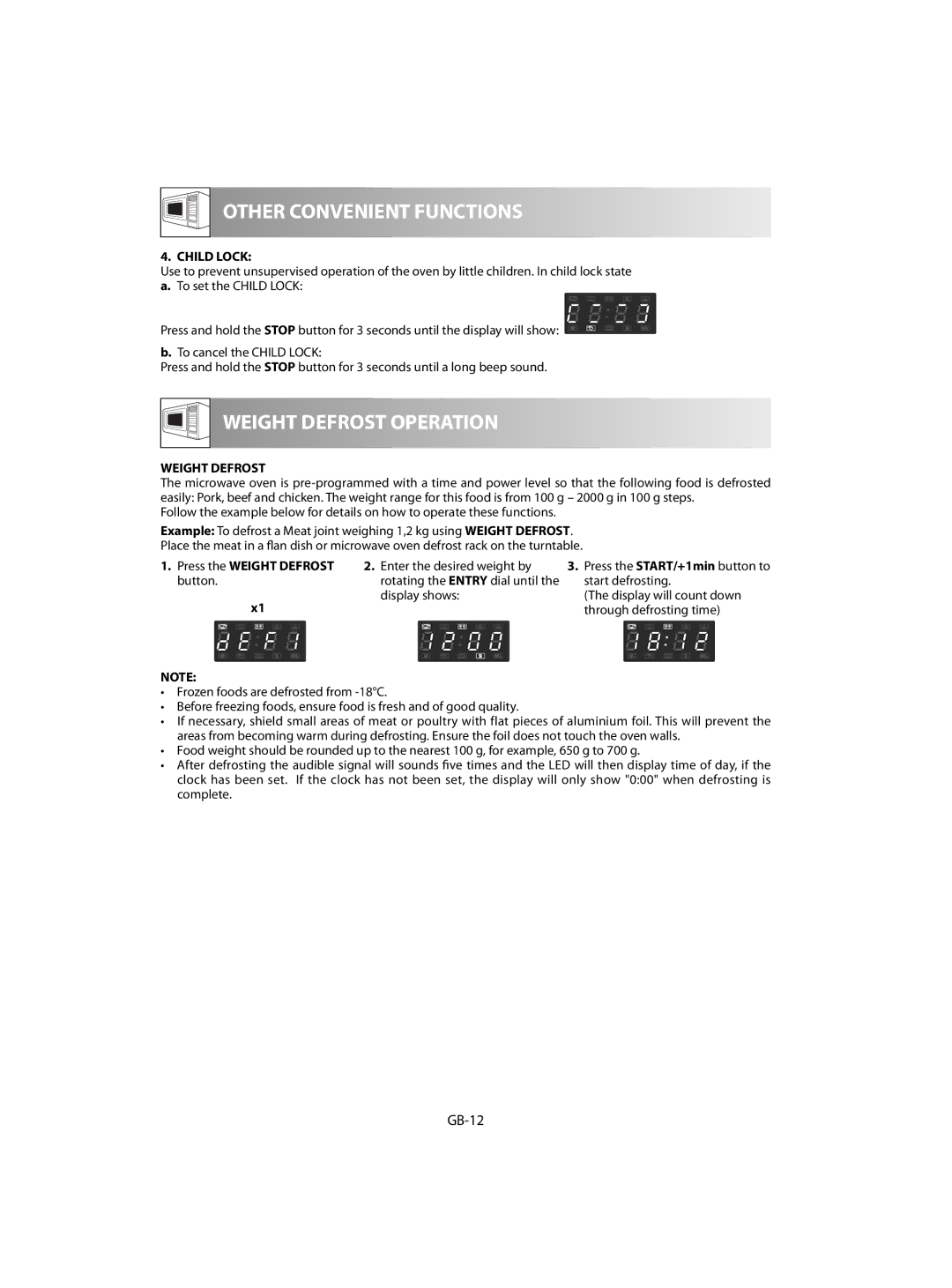 Sharp R-63ST GB-12, Child Lock, Press the Weight Defrost Enter the desired weight by Button, Display shows 