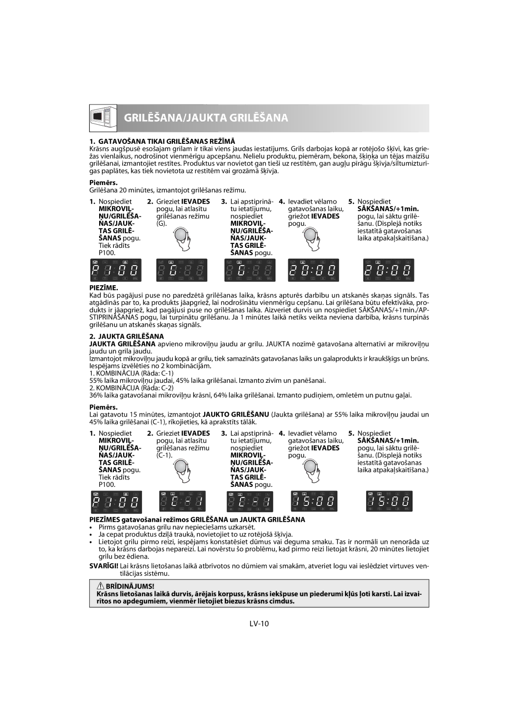 Sharp R-63ST operation manual LV-10, Gatavošana Tikai Grilēšanas Režīmā, NAS/JAUK Mikroviļ, Jaukta Grilēšana 