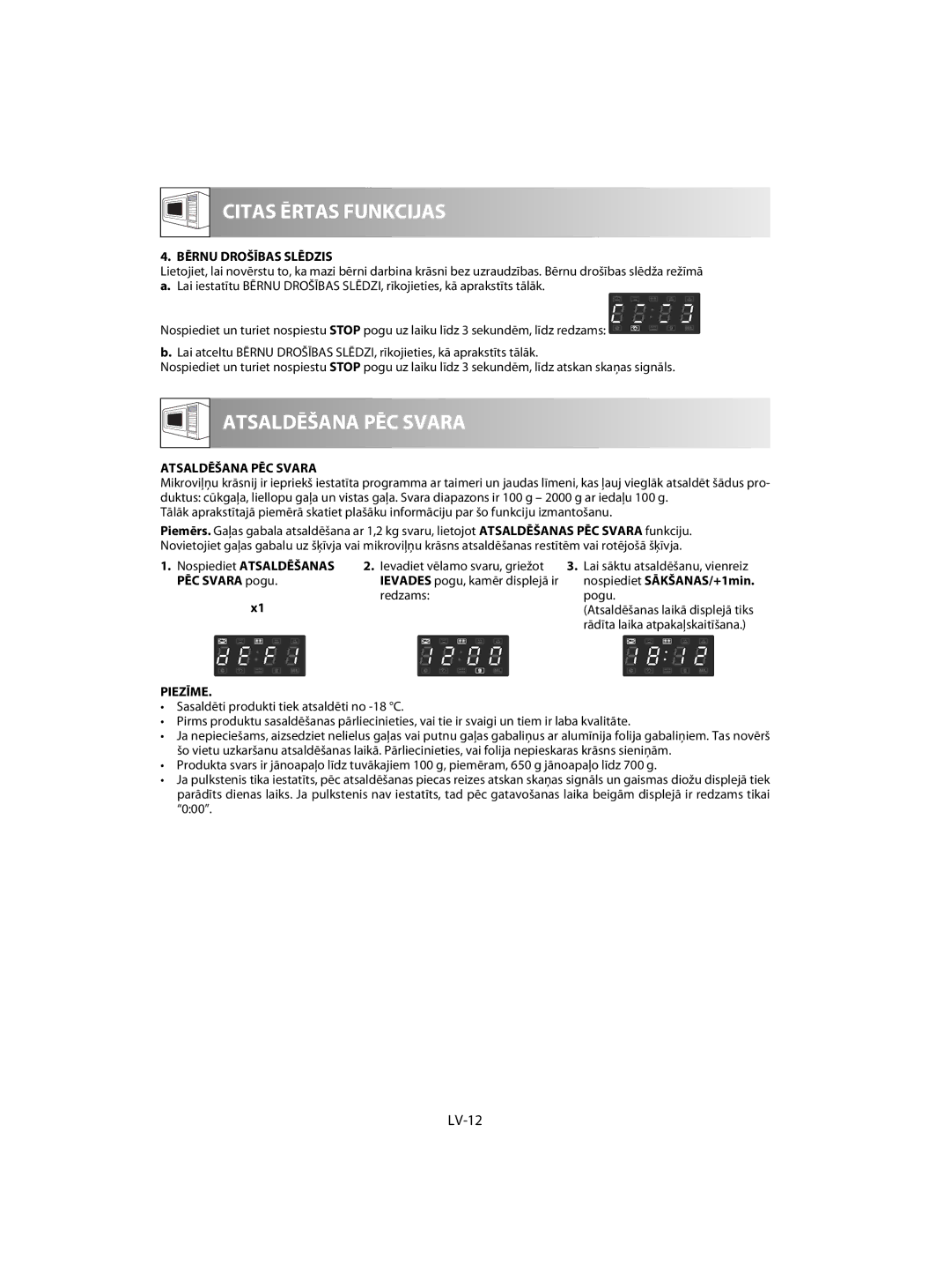 Sharp R-63ST operation manual LV-12, Bērnu Drošības Slēdzis, Atsaldēšana PĒC Svara 