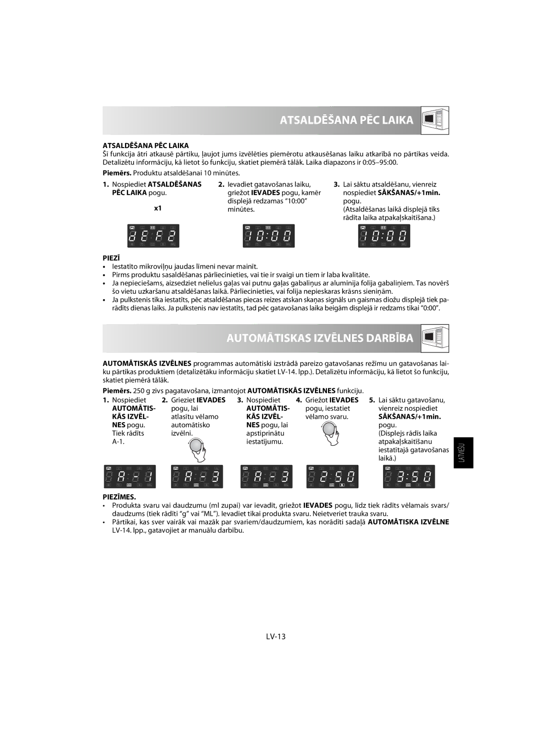 Sharp R-63ST operation manual Atsaldēšana PĒC Laika, Automātiskas Izvēlnes Darbība, LV-13 