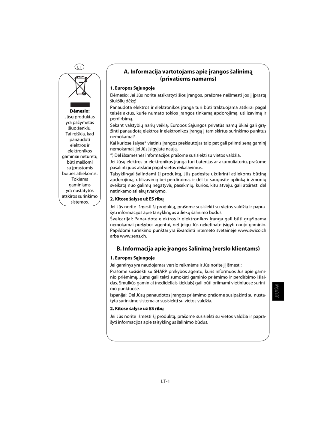 Sharp R-63ST operation manual Dėmesio, Europos Sąjungoje, Kitose šalyse už ES ribų, LT-1 