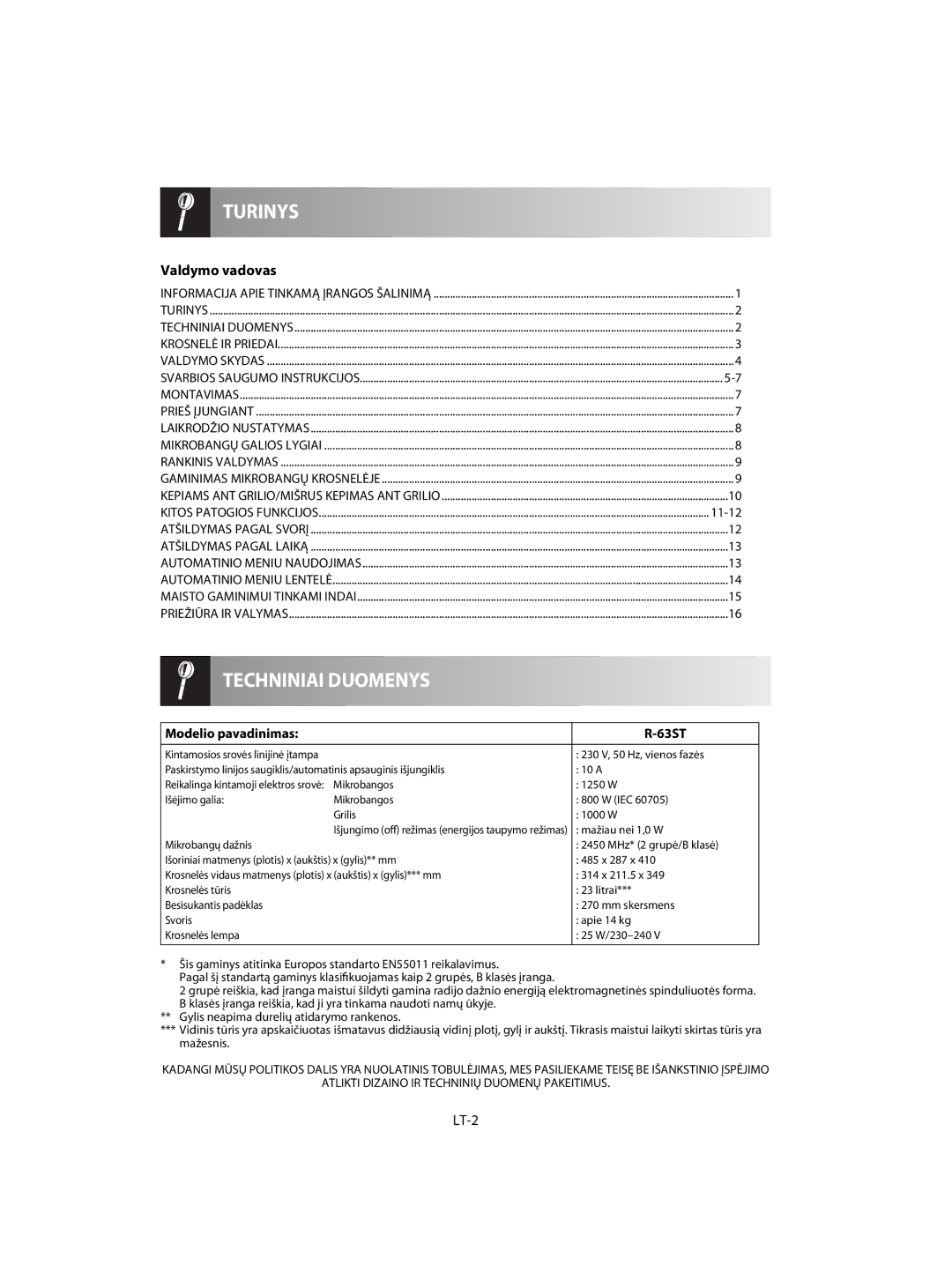 Sharp R-63ST operation manual Valdymo vadovas, LT-2, Modelio pavadinimas 63ST 